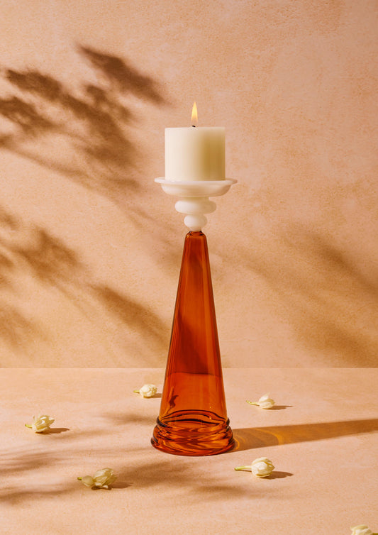 Kanak candle stand with amber base styled for Diwali decor – Glass-Forest