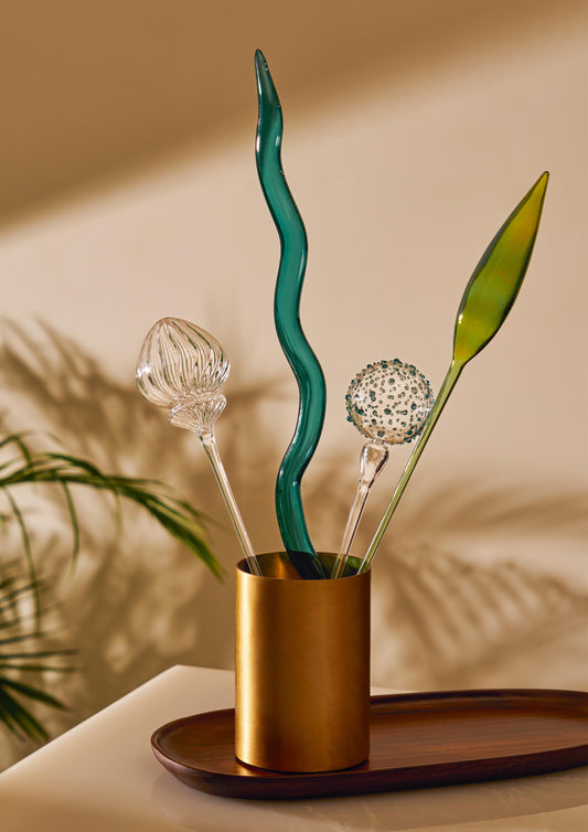 Teal and clear glass stems in golden vase – Glass-Forest Teal Botanicals