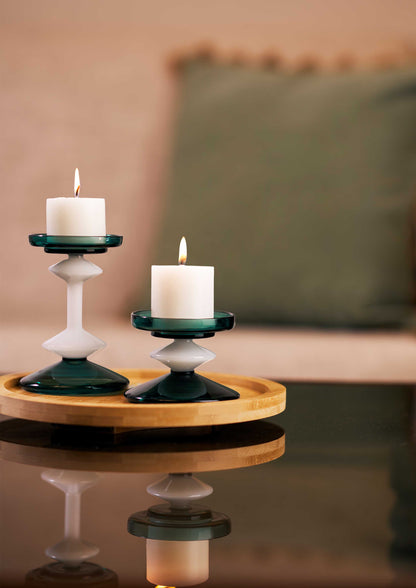 Premium borosilicate glass candle Stand in green for broad candles