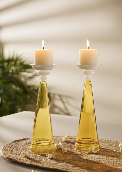 Temple-inspired glass candle holder glowing in festive setup – Glass-Forest